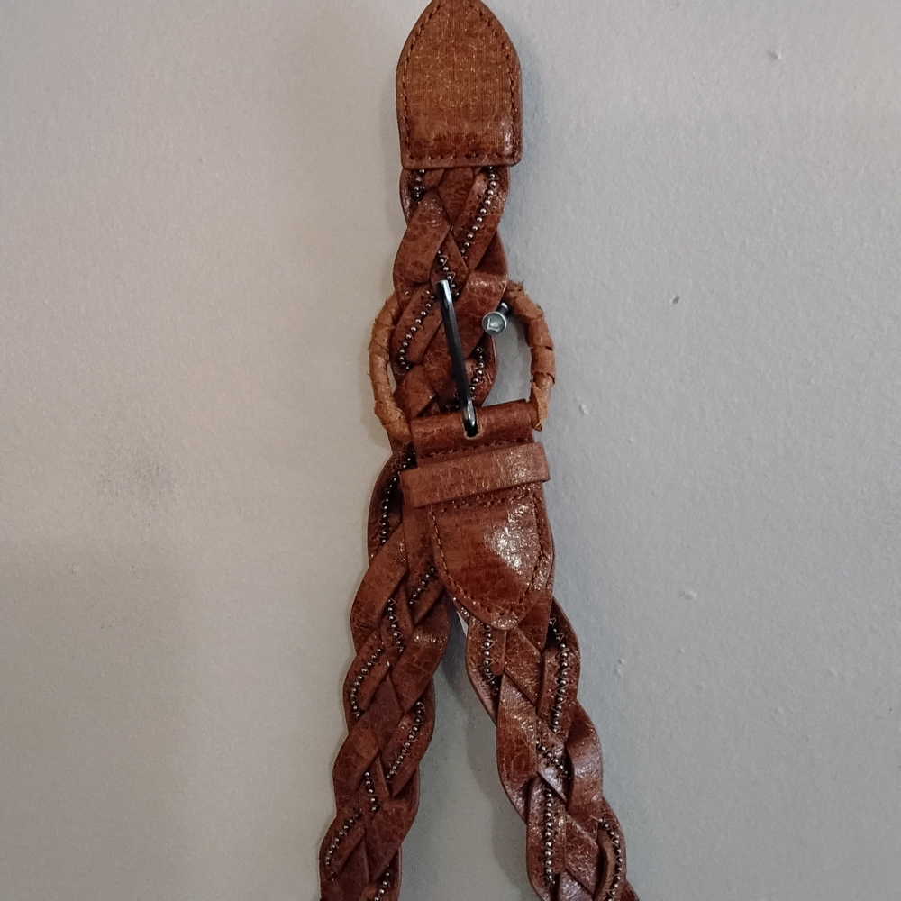 4/$20➡️ LA EXPRESS Cognac Brown Faux Leather Bead Trim Braided Belt – Size Large - Picture 11 of 11